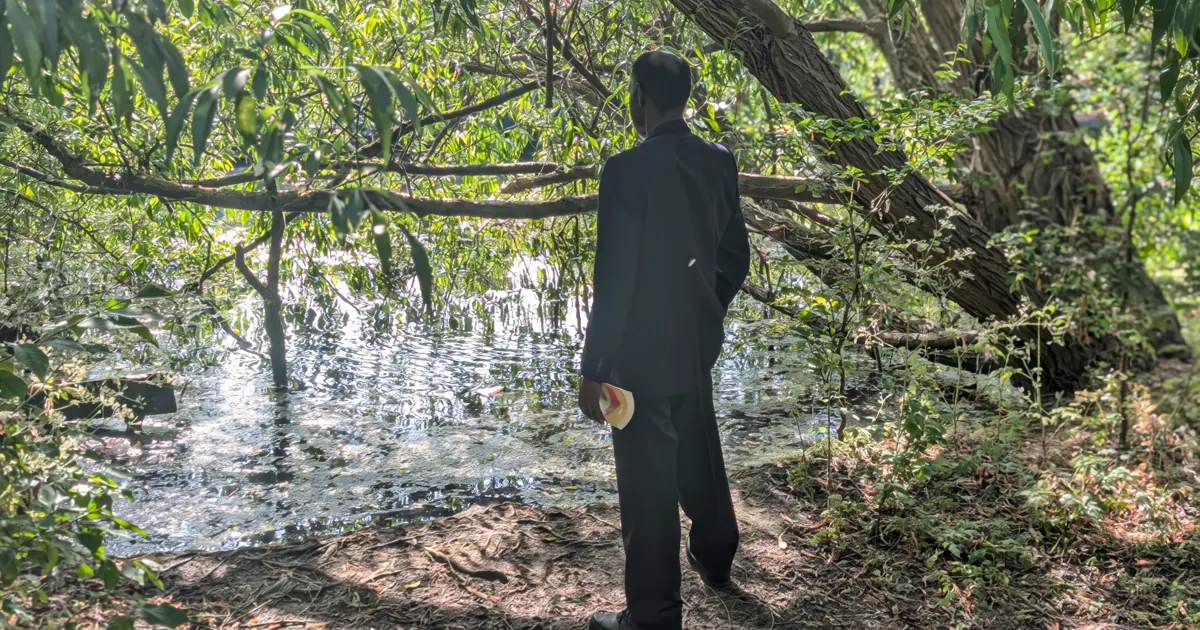 A man in a dark suit stands by a woodland river